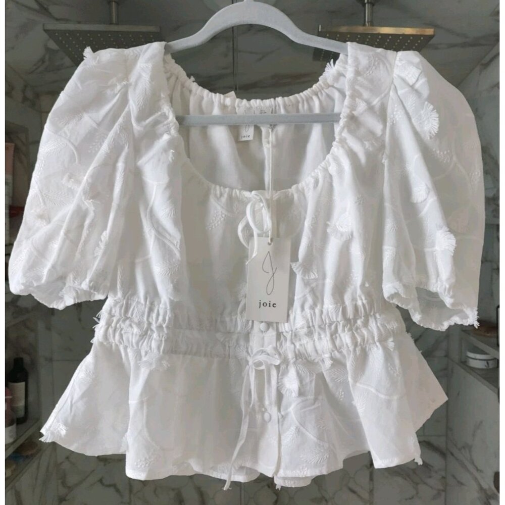 Joie White Eyelet Puff-Sleeve Peplum Blouse